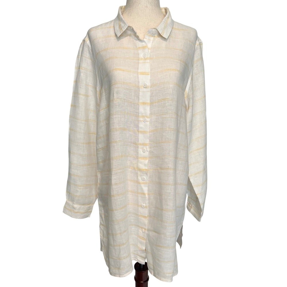 Garnet Hill M Oversized Button Down Linen Tunic Top White Yellow Beach Cover Up